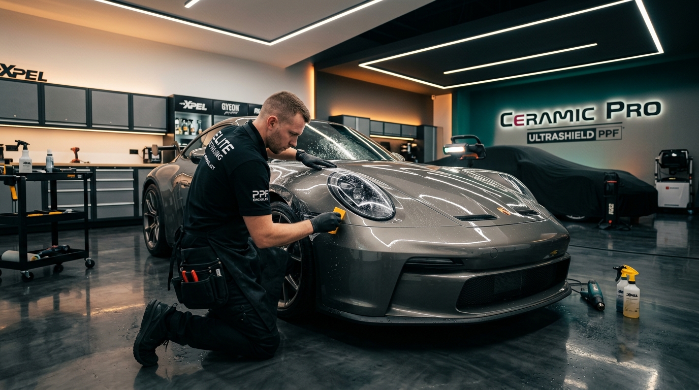 Automotive surface protection film installation and workshop detailing