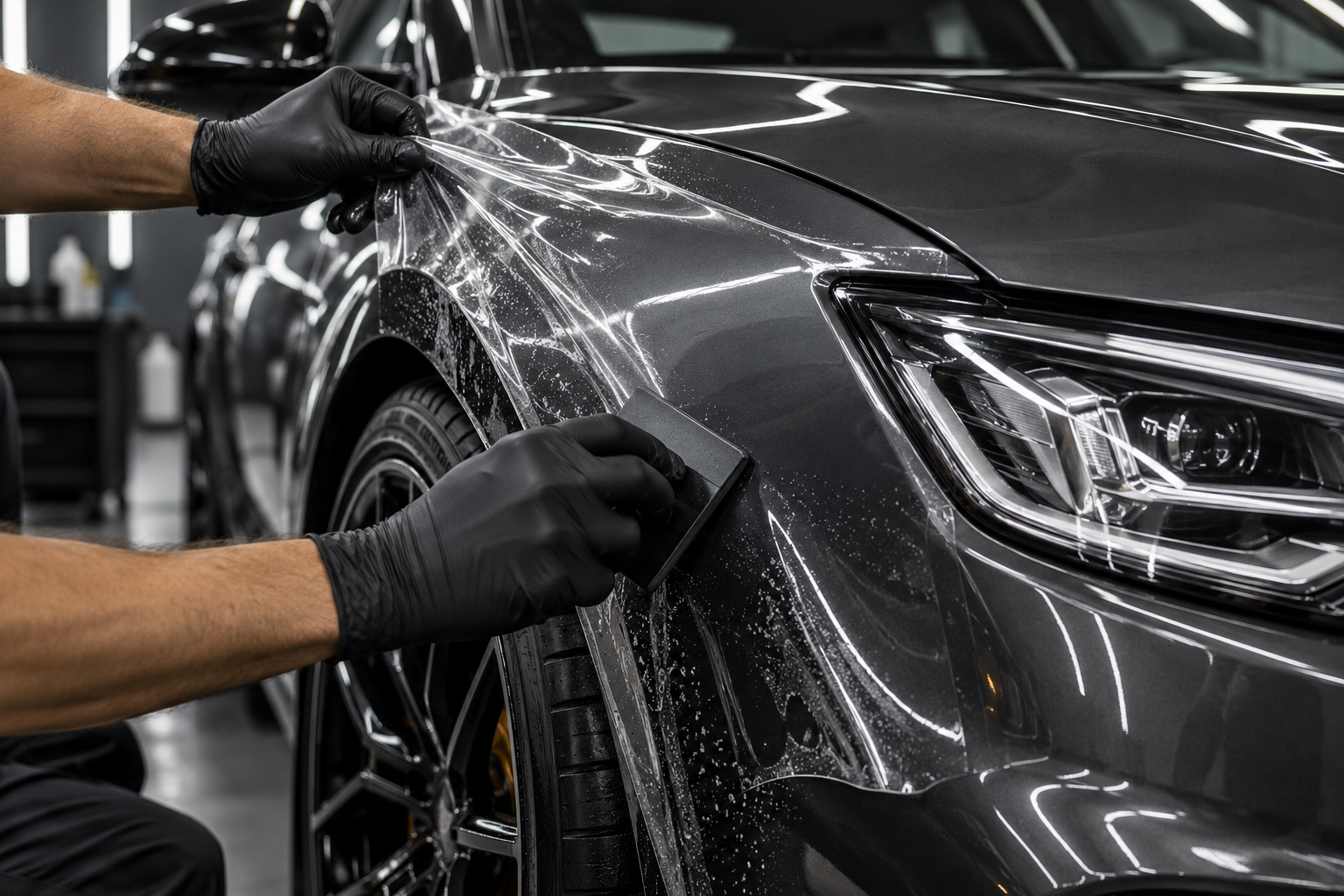 Technician applying clear paint protection film to a dark vehicle