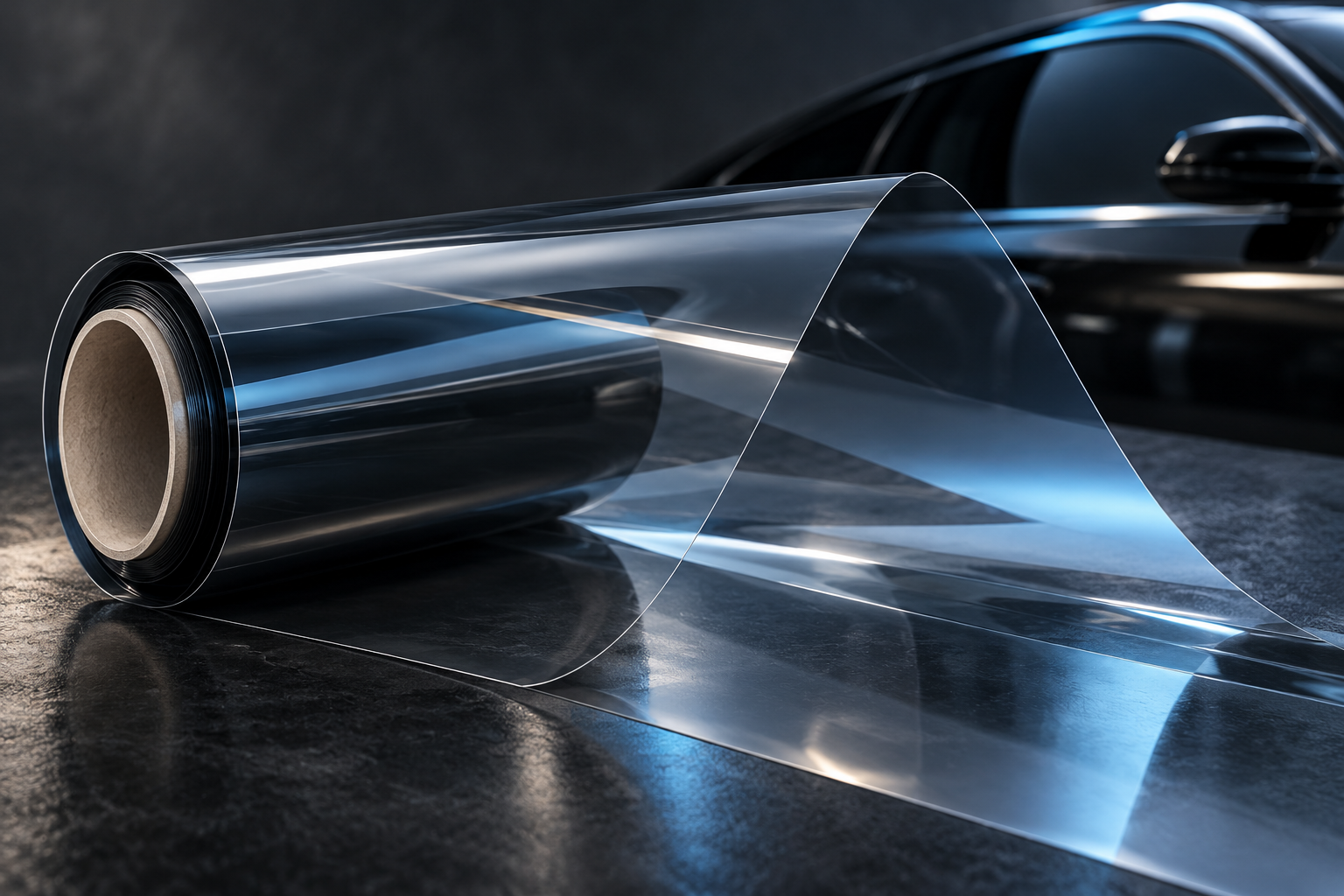 Transparent ceramic automotive window tint film unrolling under cool studio light